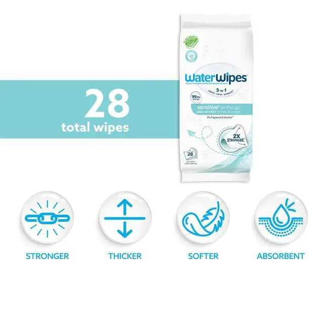 Alt view image 2 of 7 - On The Go Wipes, 3-In-1 Cleans, Cares, Protects, 99.9% Water, Unscented & Hypoallergenic Wet Wipes, 28 Count (Pack of 1)