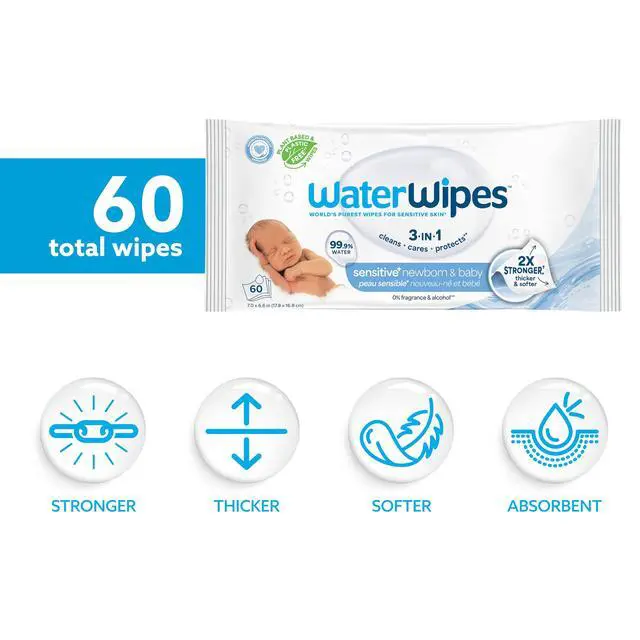 Alt view image 2 of 7 - Sensitive+ Newborn & Baby Wipes, 3-In-1 Cleans, Cares, Protects, 99.9% Water, Unscented & Hypoallergenic, 60 Count