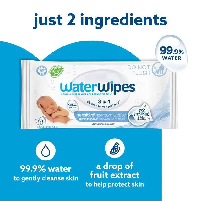 Alt view image 5 of 7 - Sensitive+ Newborn & Baby Wipes, 3-In-1 Cleans, Cares, Protects, 99.9% Water, Unscented & Hypoallergenic, 60 Count