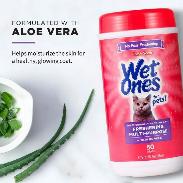 Alt view image 3 of 7 - Wet Ones for Cats Freshening Wipes, Multi-Purpose Cat Grooming Wipes with Aloe Vera, Helps Remove Dirt, Odor, and Dander Between Baths, Fresh Scent, 50 Count