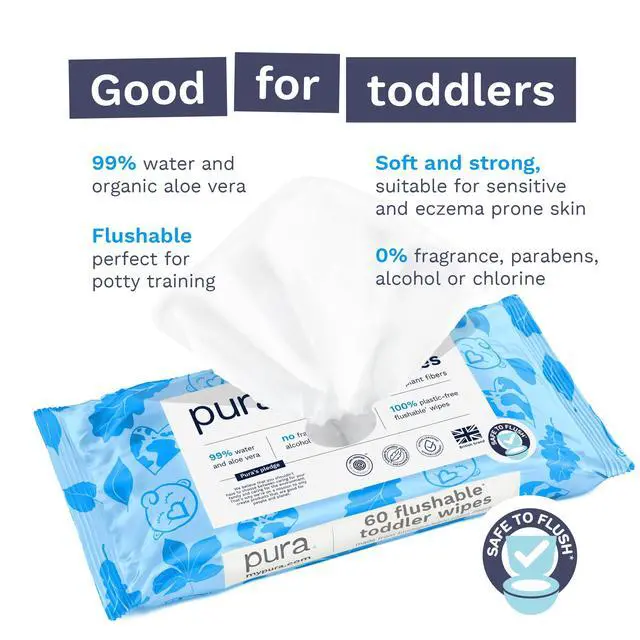Alt view image 2 of 7 - Pura Flushable Toddler Wipes 3 x 60 Wipes (180 Wipes), 100% Plastic Free, 99% Water, Hypoallergenic & Fragrance Free, Totally Chlorine Free, Kids Toilet Wipes, Potty Training