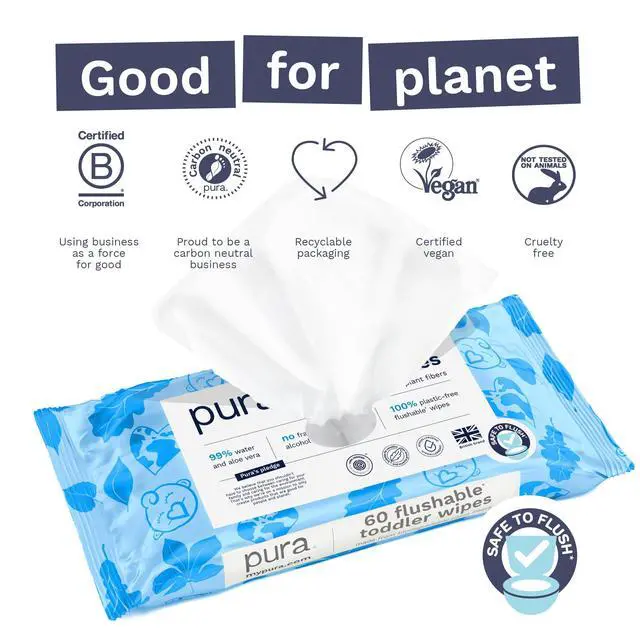 Alt view image 3 of 7 - Pura Flushable Toddler Wipes 3 x 60 Wipes (180 Wipes), 100% Plastic Free, 99% Water, Hypoallergenic & Fragrance Free, Totally Chlorine Free, Kids Toilet Wipes, Potty Training