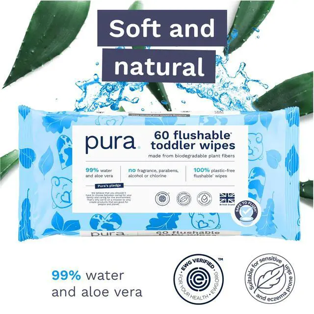 Alt view image 4 of 7 - Pura Flushable Toddler Wipes 3 x 60 Wipes (180 Wipes), 100% Plastic Free, 99% Water, Hypoallergenic & Fragrance Free, Totally Chlorine Free, Kids Toilet Wipes, Potty Training