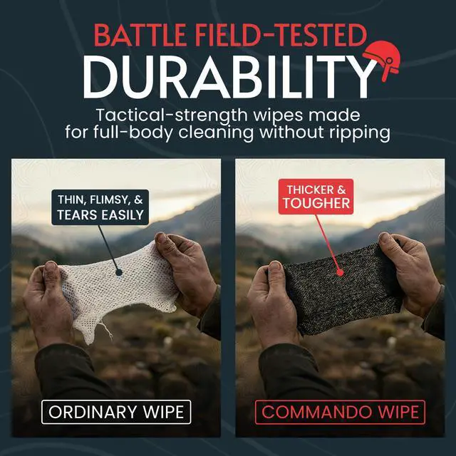 Alt view image 3 of 7 - Black Unscented Camouflage Wet Wipes - Combat Wipes COMMANDO - Thick, Biodegradable, Heavy Duty Cleansing Cloths for Camping, Military, Hunting & Backpacking w/Aloe & Vitamin E (1 Pack, 25 wipes).