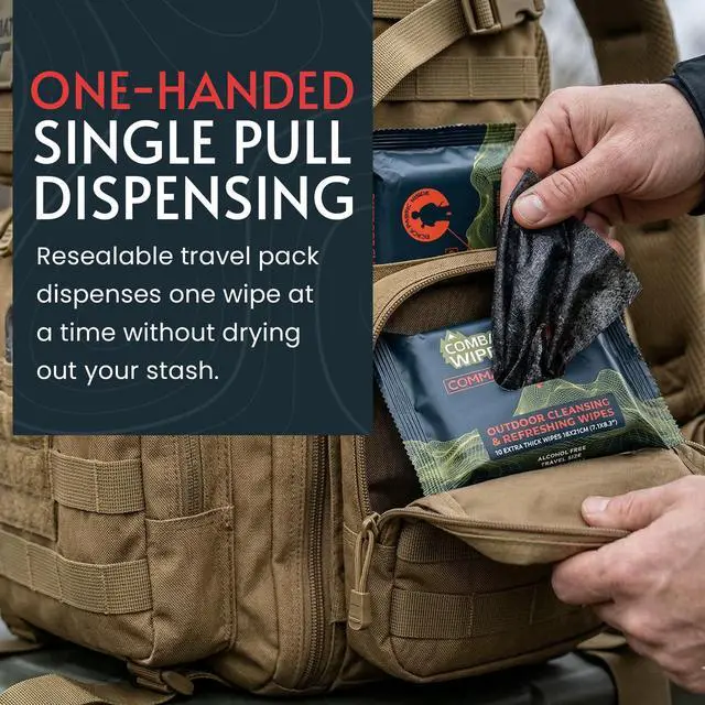 Alt view image 6 of 7 - Black Unscented Camouflage Wet Wipes - Combat Wipes COMMANDO - Thick, Biodegradable, Heavy Duty Cleansing Cloths for Camping, Military, Hunting & Backpacking w/Aloe & Vitamin E (1 Pack, 25 wipes).