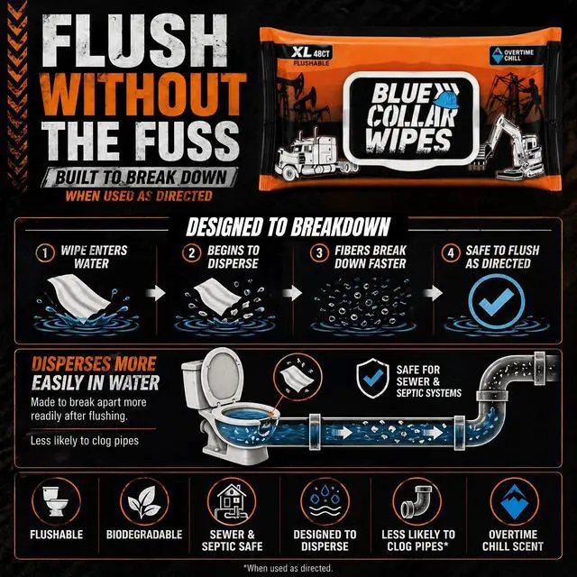 Alt view image 3 of 7 - Flushable Adult Wet Wipes - Biodegradable, Sewer & Septic Safe - Overtime Chill Scent - 96 Total Wipes (2 Resealable Packs of 48)