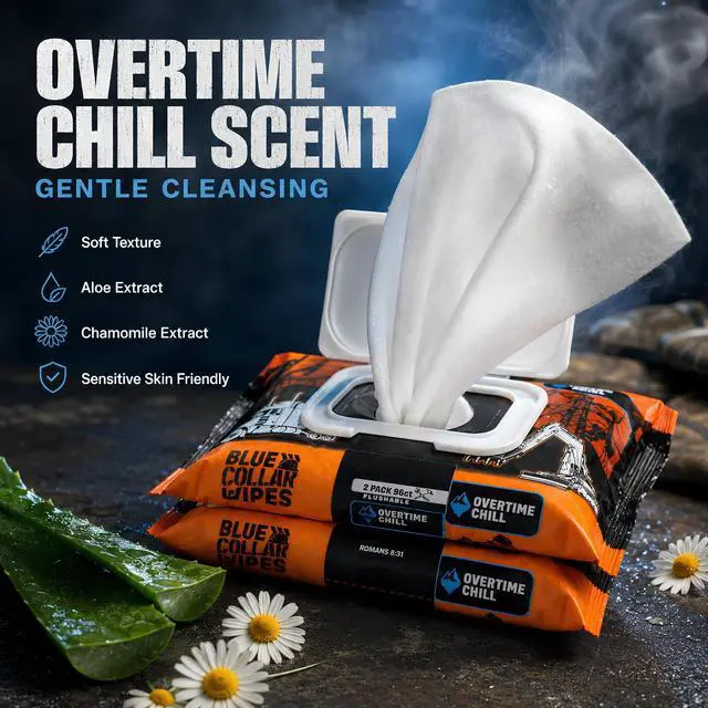 Alt view image 6 of 7 - Flushable Adult Wet Wipes - Biodegradable, Sewer & Septic Safe - Overtime Chill Scent - 96 Total Wipes (2 Resealable Packs of 48)