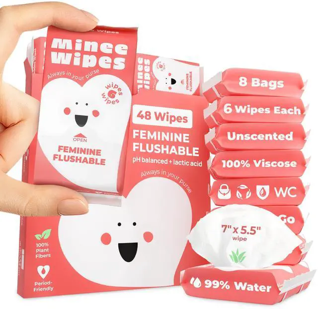 Main image of Feminine Wipes for Women Flushable pH Balanced Wipes, 99% Water & Aloe Unscented, Gentle Intimate & Period Care with Odor Protection Daily Hygiene & Travel Essentials 8 Pack, 48 Wipes
