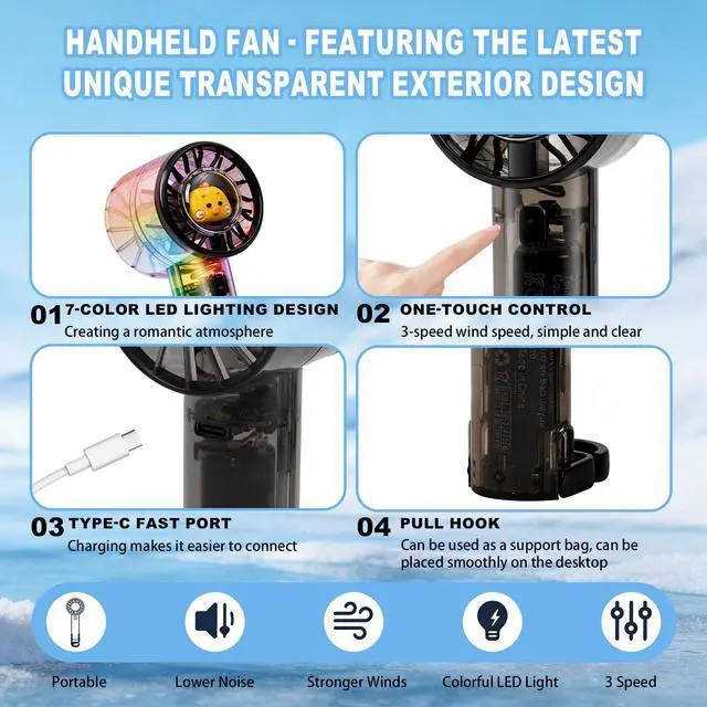 Alt view image 3 of 6 - Handheld Fan with Lights, Cute Cartoon Transparent Turbo Portable Fan, 3 Gear High Speed 2000mAh Rechargeable Personal Fan with Hook, Suitable for Children, Women, Travel, Office and Outdoor (Black)