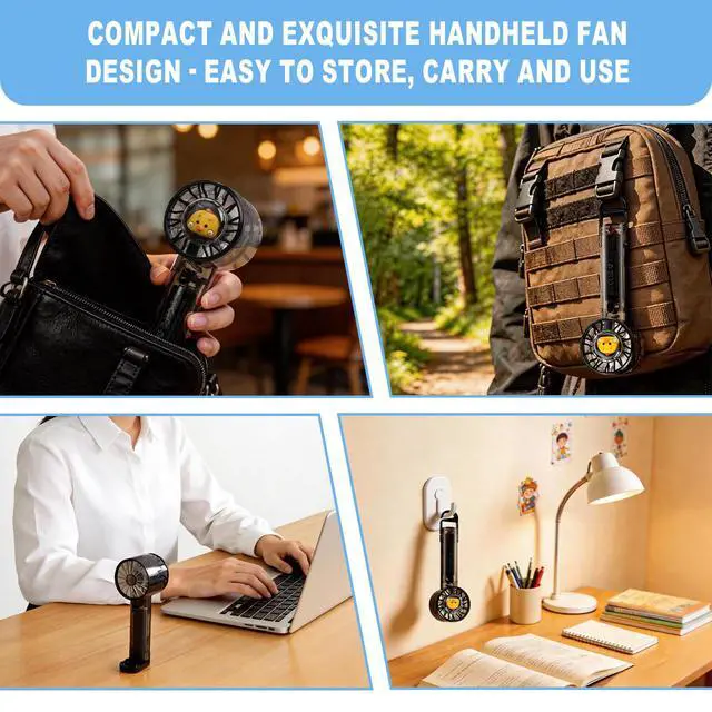 Alt view image 5 of 6 - Handheld Fan with Lights, Cute Cartoon Transparent Turbo Portable Fan, 3 Gear High Speed 2000mAh Rechargeable Personal Fan with Hook, Suitable for Children, Women, Travel, Office and Outdoor (Black)