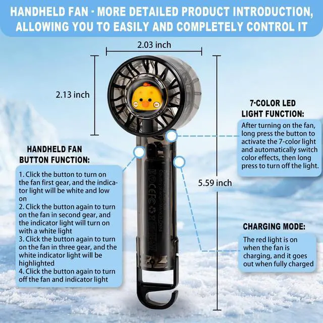 Alt view image 4 of 6 - Handheld Fan with Lights, Cute Cartoon Transparent Turbo Portable Fan, 3 Gear High Speed 2000mAh Rechargeable Personal Fan with Hook, Suitable for Children, Women, Travel, Office and Outdoor (Black)