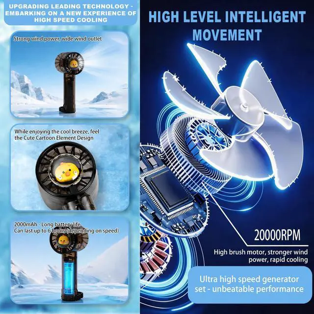 Alt view image 2 of 6 - Handheld Fan with Lights, Cute Cartoon Transparent Turbo Portable Fan, 3 Gear High Speed 2000mAh Rechargeable Personal Fan with Hook, Suitable for Children, Women, Travel, Office and Outdoor (Black)