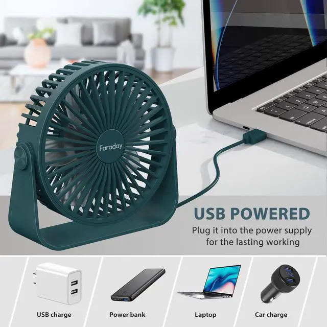 Alt view image 3 of 7 - USB Desk Fans 5 Inches Portable Table Fans 360° Head Rotation Small Personal Desktop Fan for Home Office, 3 Speeds, Deep Green
