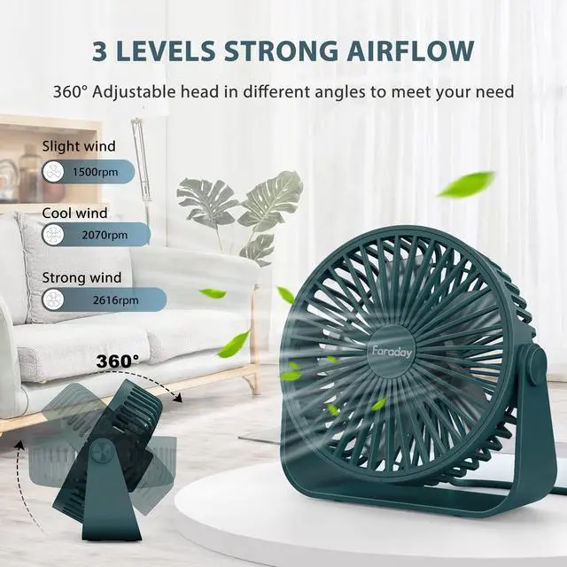 Alt view image 4 of 7 - USB Desk Fans 5 Inches Portable Table Fans 360° Head Rotation Small Personal Desktop Fan for Home Office, 3 Speeds, Deep Green