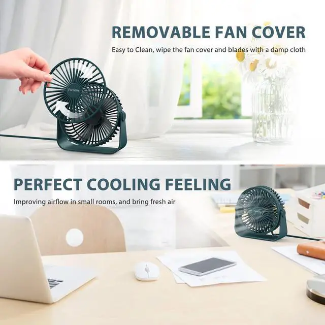 Alt view image 6 of 7 - USB Desk Fans 5 Inches Portable Table Fans 360° Head Rotation Small Personal Desktop Fan for Home Office, 3 Speeds, Deep Green