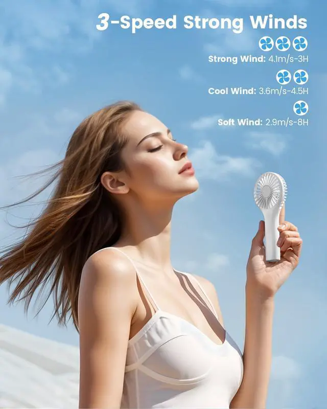 Alt view image 2 of 7 - Portable Mini Fan - Powerful Personal Handheld Fan with 3 Speeds, Cute and Small, USB Rechargeable for Travel/Lash/Makeup/Outdoor/Home, White