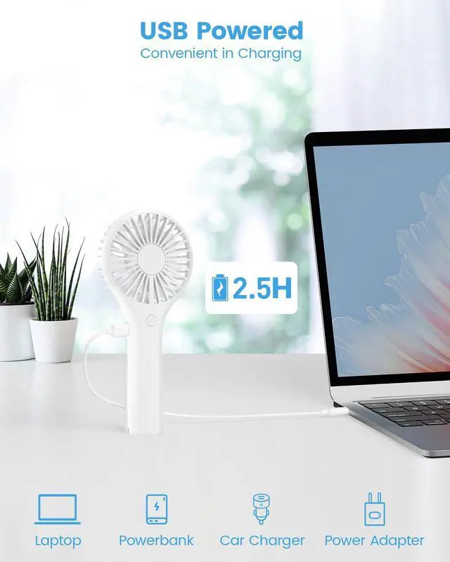 Alt view image 5 of 7 - Portable Mini Fan - Powerful Personal Handheld Fan with 3 Speeds, Cute and Small, USB Rechargeable for Travel/Lash/Makeup/Outdoor/Home, White