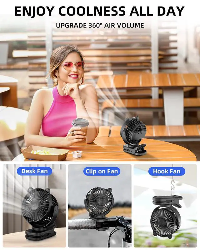 Alt view image 2 of 7 - Portable Clip on Fan, Small Desk Fan Battery Operated, 360° Rotation, Cute Design, 3 Speed, Mini Table Fan USB Rechargeable, Personal Cooling Baby Stroller Fan for Home Office Outdoor Travel