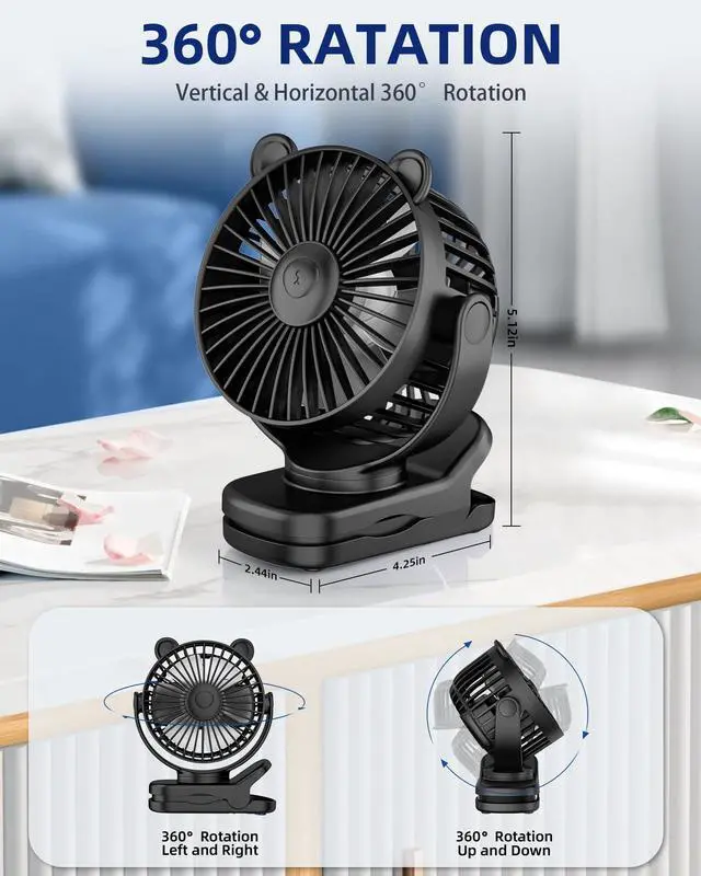 Alt view image 4 of 7 - Portable Clip on Fan, Small Desk Fan Battery Operated, 360° Rotation, Cute Design, 3 Speed, Mini Table Fan USB Rechargeable, Personal Cooling Baby Stroller Fan for Home Office Outdoor Travel