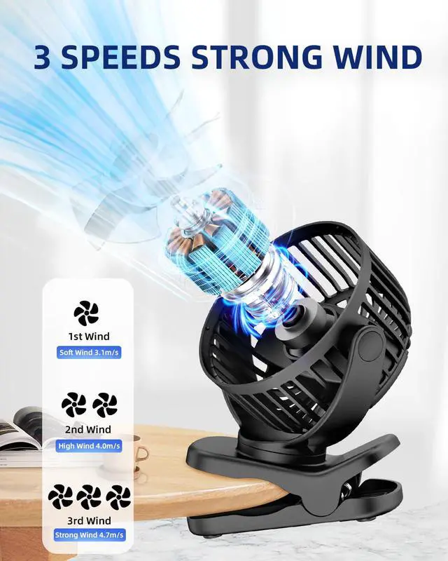 Alt view image 3 of 7 - Portable Clip on Fan, Small Desk Fan Battery Operated, 360° Rotation, Cute Design, 3 Speed, Mini Table Fan USB Rechargeable, Personal Cooling Baby Stroller Fan for Home Office Outdoor Travel