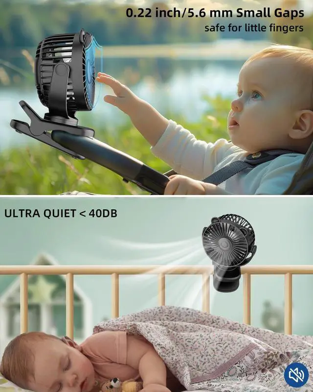 Alt view image 5 of 7 - Portable Clip on Fan, Small Desk Fan Battery Operated, 360° Rotation, Cute Design, 3 Speed, Mini Table Fan USB Rechargeable, Personal Cooling Baby Stroller Fan for Home Office Outdoor Travel