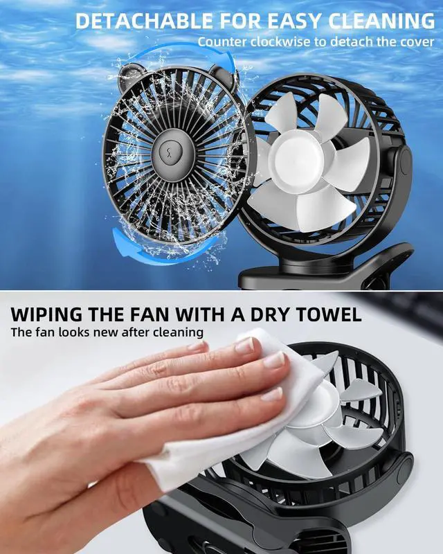 Alt view image 6 of 7 - Portable Clip on Fan, Small Desk Fan Battery Operated, 360° Rotation, Cute Design, 3 Speed, Mini Table Fan USB Rechargeable, Personal Cooling Baby Stroller Fan for Home Office Outdoor Travel