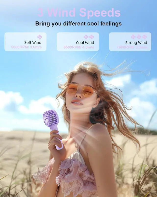 Alt view image 3 of 7 - Mini Handheld Fan, Powerful 3 Speed Portable Personal Fan, Cute and Pocket Design, USB Rechargeable for Makeup/Lash/Travel/Outdoors, Summer Gift for Stylish Girls Women Kids-Purple