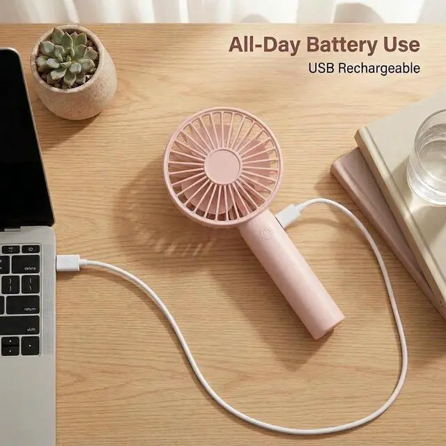 Alt view image 5 of 6 - Portable Handheld Fan 2 Pack, USB Rechargeable Mini Fan, Ultra Quiet, 3 Speeds with Phone Holder Base, All Day Battery for Outdoor Indoor (Pink)