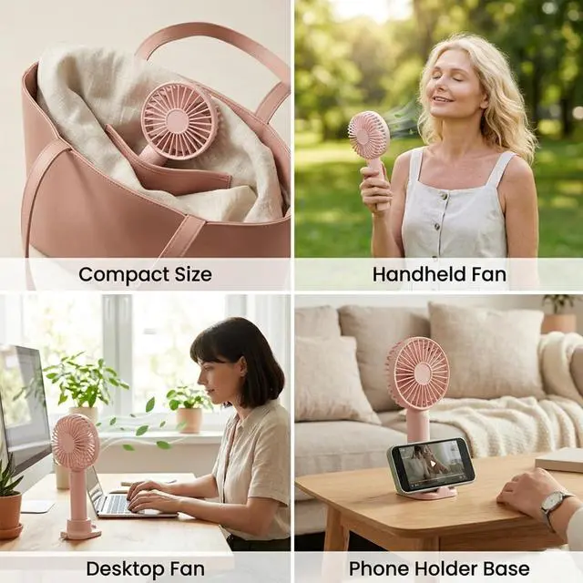Alt view image 6 of 6 - Portable Handheld Fan 2 Pack, USB Rechargeable Mini Fan, Ultra Quiet, 3 Speeds with Phone Holder Base, All Day Battery for Outdoor Indoor (Pink)
