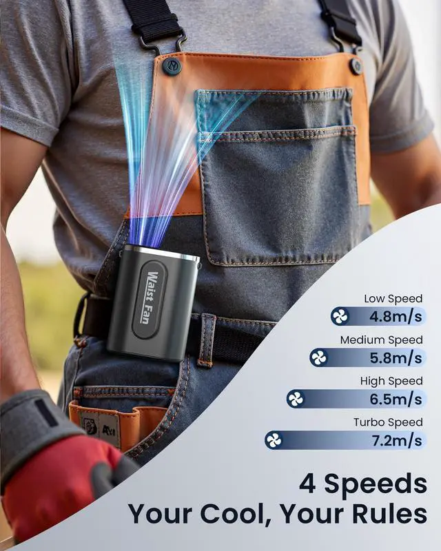 Alt view image 2 of 7 - Waist Clip Fan, 18000RPM Portable Belt with 4 Speeds, 4000mAh Battery, 0.34LBS, Max 12H Use, Type-C Charging, Rechargeable Cooling Design for Under-Shirt & Outdoor Travel