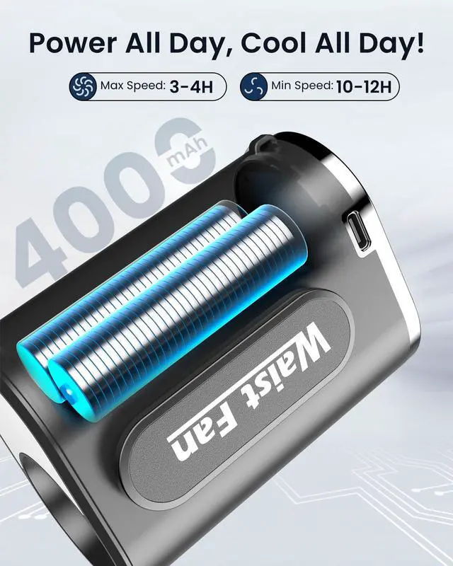 Alt view image 3 of 7 - Waist Clip Fan, 18000RPM Portable Belt with 4 Speeds, 4000mAh Battery, 0.34LBS, Max 12H Use, Type-C Charging, Rechargeable Cooling Design for Under-Shirt & Outdoor Travel