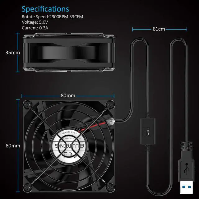 Alt view image 7 of 7 - USB Fan 80mm, USB Computer Fan 5V Quite USB Ventilation Fan Compatible with 3 Speed Control for Receiver DVR Playstation Xbox Computer Cabinet Cooling 80 x 80 x 25mm