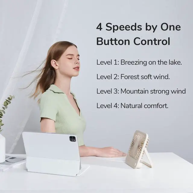 Alt view image 3 of 7 - Small Desk Fan Battery Operated, 180° Foldable Portable Fan, 4 Speeds Adjustable Ultra Quiet for Home Office Travel Outdoor-Brown