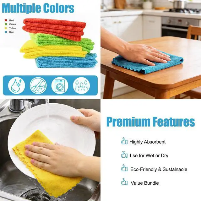 Alt view image 4 of 7 - Microfiber Cleaning Cloth, 24 Pack Highly Absorbent Cleaning Rags, 4 Color Mix, Reusable, Soft and Lint Free Cleaning Supplies for Window, Household and Kitchen, 12 Inch X 10.6 Inch
