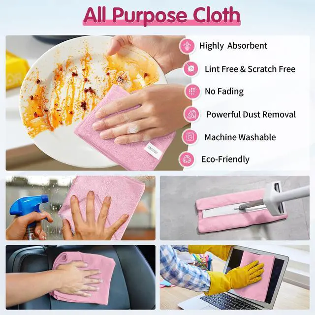 Alt view image 6 of 7 - Pink Microfiber Cleaning Cloth -Pack of 8, Highly Absorbent Cleaning Rags, 16"X12" All Purpose Cleaning Towels for Housekeeping, Kitchen, Car, Lint Free and Reusable Microfiber Towels