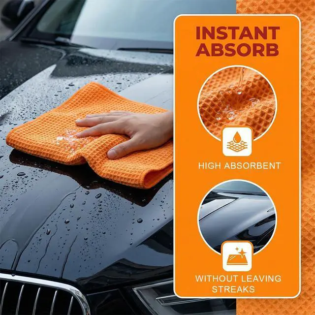 Alt view image 3 of 6 - 3PCS Waffle Weave Microfiber Towel, 16 × 16 Inch Soft Absorbent Microfiber Drying Towel Car Detailing Cloth, No-Scratch Glass Cleaning Rags Car Wash Towels for Car and Home Polishing (Orange)