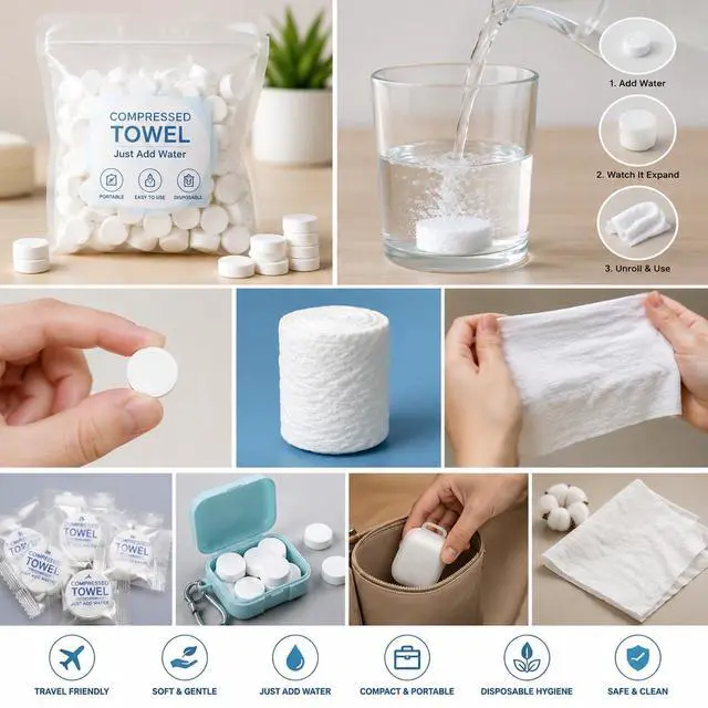 Alt view image 2 of 4 - Compressed Tissue Tablets Portable Disposable Cotton Towels, Expand with Water, Soft Travel Facial Cleaning Tissue, Compact Multipurpose Wipes for Home, Travel, Outdoor (Set of 5)