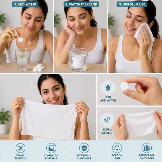 Alt view image 3 of 4 - Compressed Tissue Tablets Portable Disposable Cotton Towels, Expand with Water, Soft Travel Facial Cleaning Tissue, Compact Multipurpose Wipes for Home, Travel, Outdoor (Set of 5)