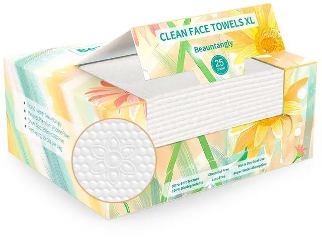 Main image of Disposable Face Towel, XL Facial Towelettes Soft Thick Absorbent, Lint-Free Biodegradable Makeup Remover Dry Wipes for Skin Care Washing Drying Nursing Camping Travel Essentials, 25 Ct