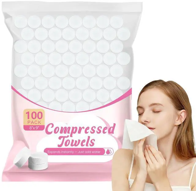 Main image of 100 Pcs Compressed Towels, Mini Disposable Face Towels Tablets, Coin Sized Portable Soft Clean Towels for Travel Hotel Camping Makeup Removal