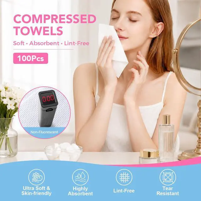 Alt view image 2 of 7 - 100 Pcs Compressed Towels, Mini Disposable Face Towels Tablets, Coin Sized Portable Soft Clean Towels for Travel Hotel Camping Makeup Removal