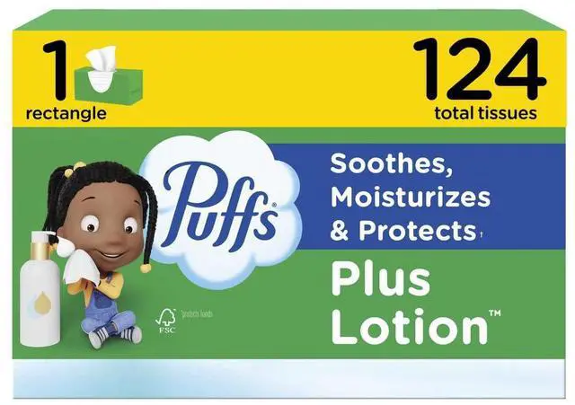 Main image of Facial Tissues Plus Lotion, 1 Family Rectangle Box, 124 Facial Tissues per Box, Allergies and Colds (Packaging May Vary)