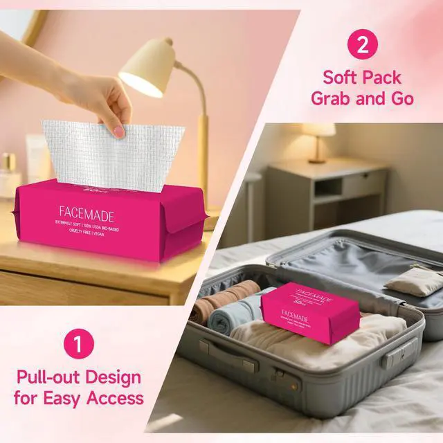 Alt view image 2 of 7 - 50 Count (Soft Pack) Disposable Travel Towels, Ultra Thick Face Towels Disposable, Clean Facial Towels for Makeup Remover, Skincare, USDA Certified 100% Biobased