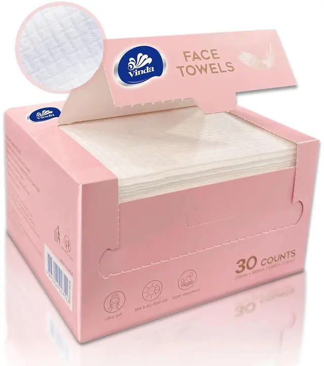 Main image of Clean Face Towels, Disposable, XL Facial Towels, 30 Count - Thick 100% Rayon Fabric Dry Wipes for Sensitive Skin & Makeup Removal