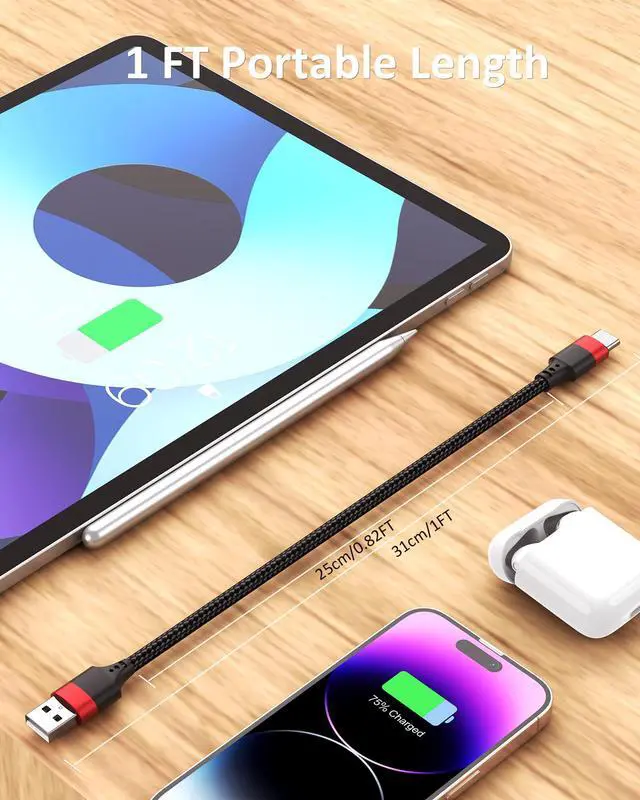 Alt view image 2 of 7 - Short USB to USB C Cable, 2 Pack USB C Cable 1ft, Braided 12 inch Short USBC Cable 3A Fast Charging for iPhone 17 16 15 Pro Max, Samsung Galaxy S25 S24 S23, Pxiel 10 9