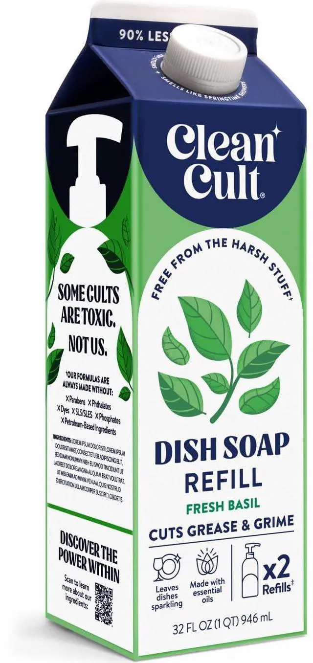 Main image of Dish Soap Liquid Refills (32oz, 1 Pack) - Dish Soap that Cuts Grease & Grime - Free of Harsh Chemicals - Paper Based Eco Refill, Uses 90% Less Plastic - Sweet Basil