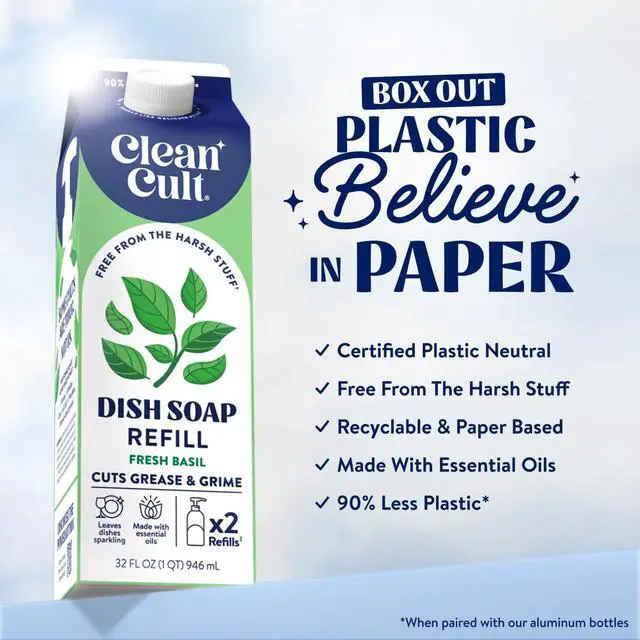 Alt view image 2 of 7 - Dish Soap Liquid Refills (32oz, 1 Pack) - Dish Soap that Cuts Grease & Grime - Free of Harsh Chemicals - Paper Based Eco Refill, Uses 90% Less Plastic - Sweet Basil