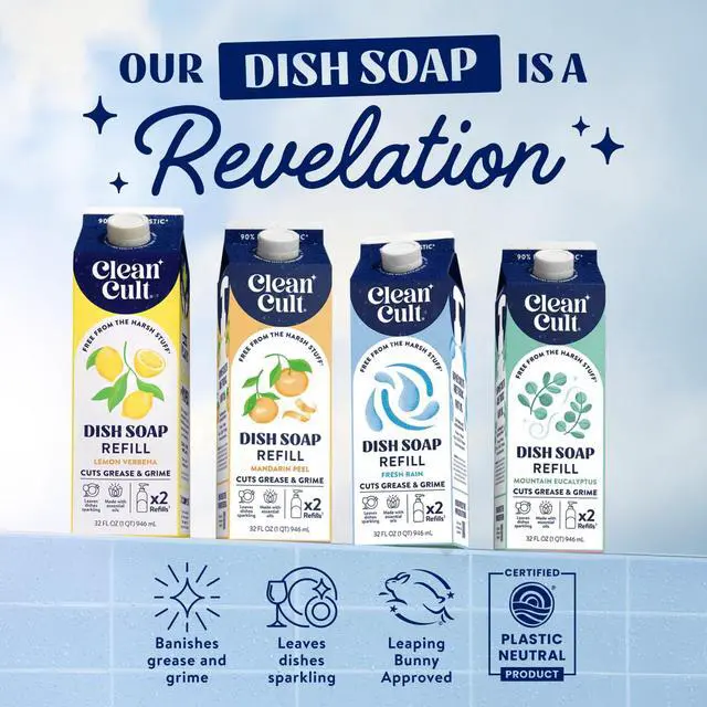 Alt view image 4 of 7 - Dish Soap Liquid Refills (32oz, 1 Pack) - Dish Soap that Cuts Grease & Grime - Free of Harsh Chemicals - Paper Based Eco Refill, Uses 90% Less Plastic - Sweet Basil