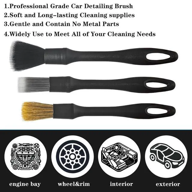 Alt view image 4 of 4 - Detailing Brush Set, 3Pack Car Detailing Brushes for Dashboard Engine Bay Air Vents Leather Seat Wheel Vehicle Motorcycle Boars Hair Interior Detail Brush with Conversion Elbow, Black