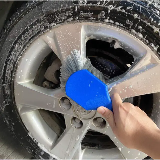 Alt view image 6 of 6 - Wheel & Tire Brush for Car Rim, Soft Bristle Car Wash Brush, Cleans Tires & Releases Dirt and Road Grime, Short Handle for Easy Scrubbing Blue